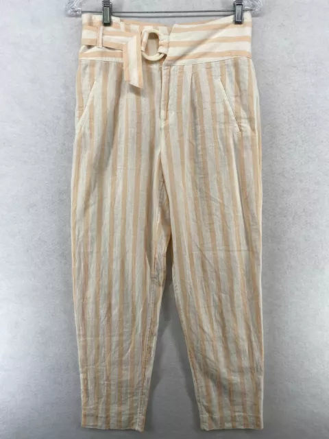 ANTHROPOLOGIE Pants 0 Linen Cotton Striped High Waist Wide Leg Belted Crop Beige