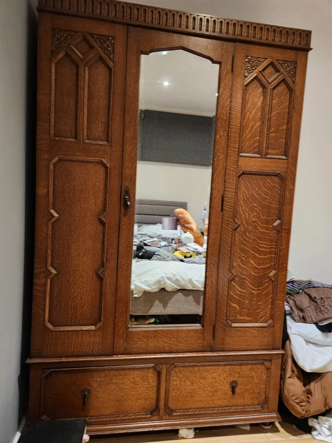 Victorian Gothic Wardrobe With Mirror Door And Drawer Base
