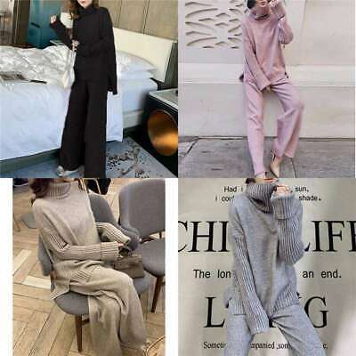 Women Spring Autumn 2 Piece Set Warm Pullovers Knitted Wide Tracksuit Turtleneck
