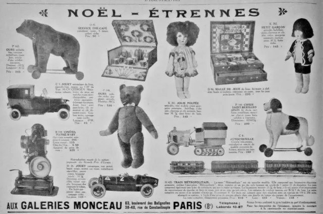 Publicité De Presse 1926 Jouets Aux Galeries Monceaux Poupée Peluche Train Pathé