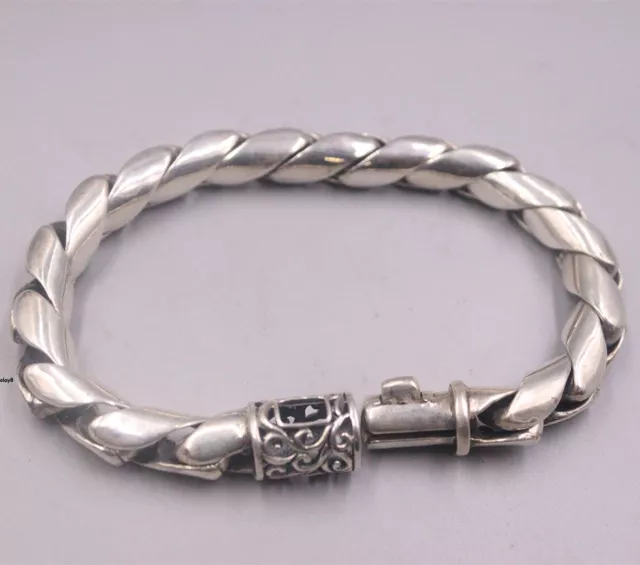 Pure S925 Sterling Silver Chain 8mm Twist Leaf Link Bracelet 69g 7.9inch