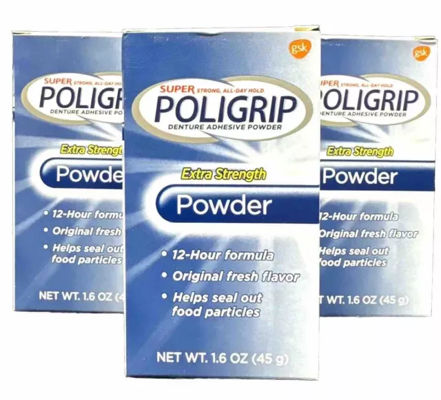 3 super poligrip extra strength powder denture adhesive 1.6oz ea exp oct 2024