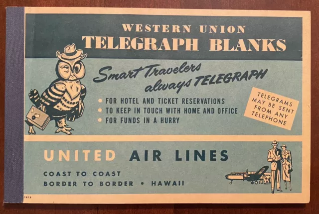 Full book of 50 Western Union Telegraph Blanks ca. 1951 United Air Lines