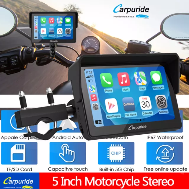 Carpuride 5 Inch Motorcycle Stereo Wireless Apple CarPlay Dual BT Car Navi IPX7