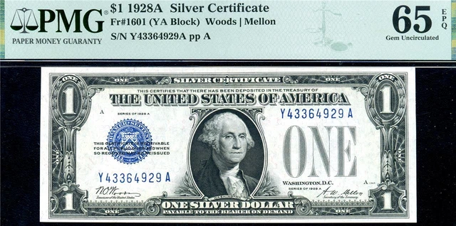 HGR SUNDAY 1928A $1 Silver Certificate ((FUNNY BACK)) PMG GEM UNC 65EPQ