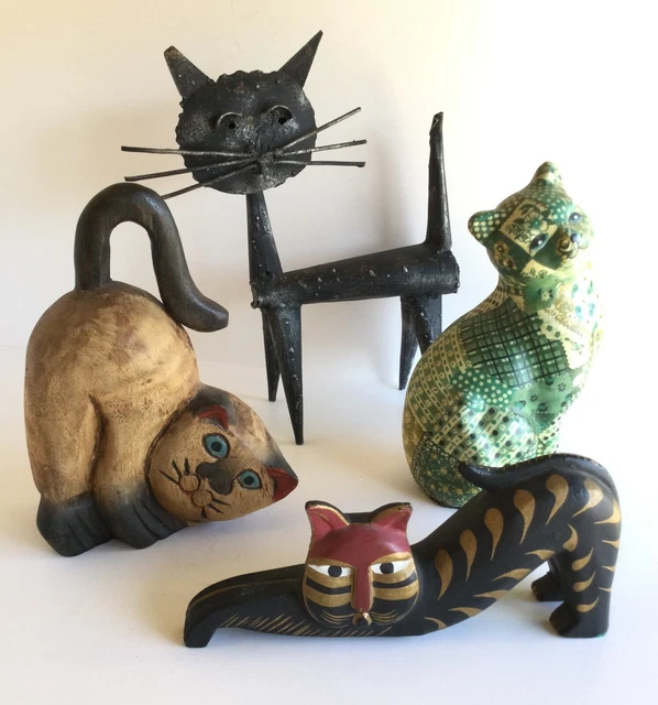 Lotto di 4 curiosi gatti gatte vintage artigianali ferro legno ceramica perfetti