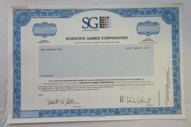 Scientific Games Corp 2001 Specimen Stock Cert Odd Shrs XF ABN Gambling &Lottery