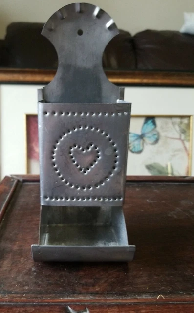 Vintage Match Box Holder Punched Tin Metal Wall Mount With Pressed Heart Design