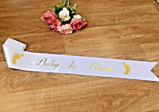 Baby Shower Sash, Baby In Bloom, Mummy To Be Sash, White sash  Gold Text