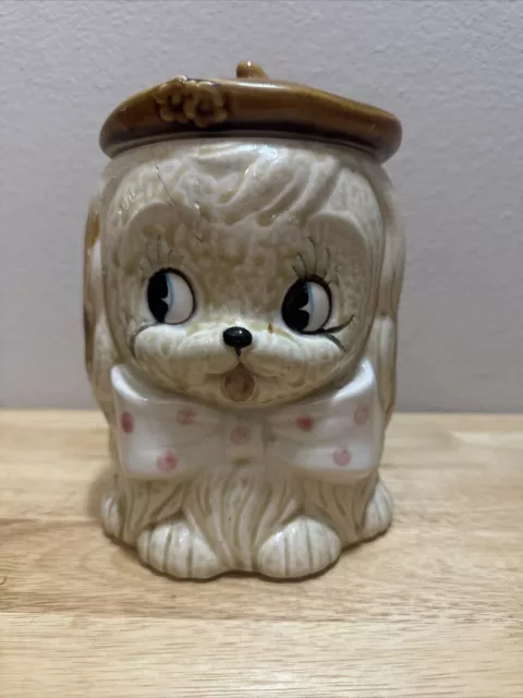 Vintage 1960s Ceramic Cookie Jar Canister With Lid Japan Puppy Dog Bow Tie