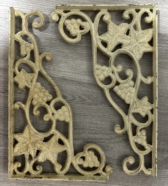 (2) Vintage Antique Heavy Cream/Rusty Grapevine CAST IRON SHELF BRACKETS HANGING