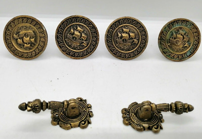 Vintage 6 Brass Metal Ornate caravel Knobs Pulls Handles cabinet door KIT