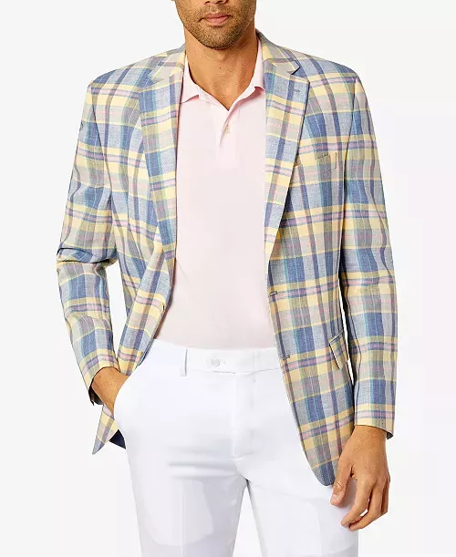 CLUB ROOM Mens Sport Coat 40S Yellow Blue Plaid Classic Fit Linen Jacket NWT 295