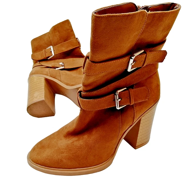 Bottes Cheville Rétro Femmes Taille 12 - Talon Bloc, Cuir PU Rouge Avec Boucle Tressée
