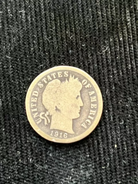 1916 Barber Dime 90% Silver 10c US Type Coin Collectible-GOOD