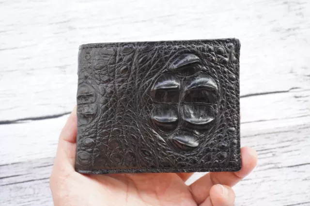 Full Crocodile Hornback Leather Skin Men's Bifold Wallet Genuine Black