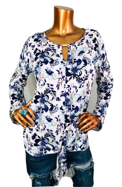 Ellen Tracy L Top Stretch Soft Floral Tie Hem Front Logo Keyhole Blouse Shirt ET