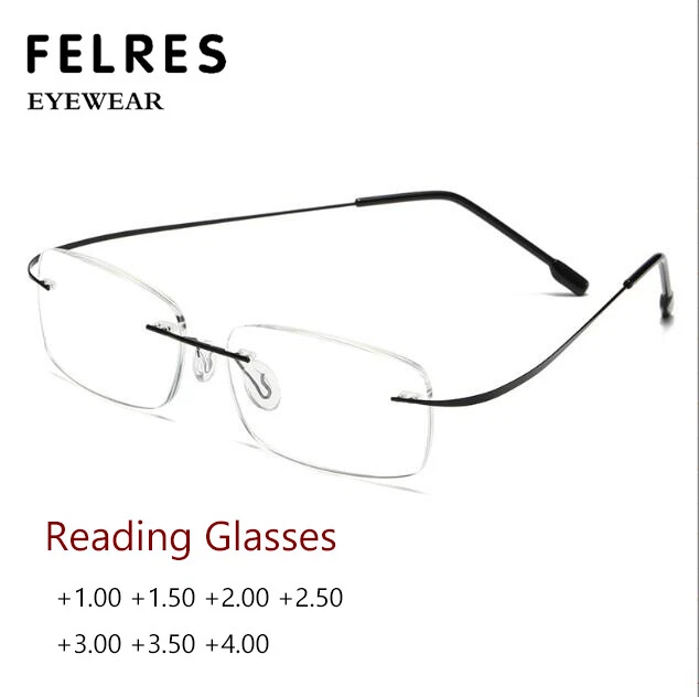 Men Titanium Alloy Rimless Square Reading Glasses Anti Blue Light Glasses New