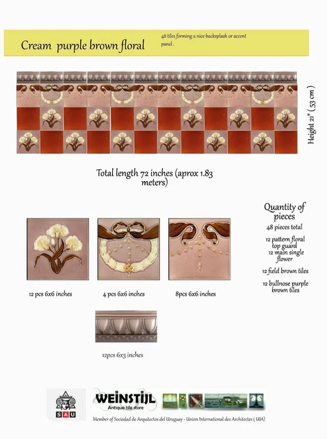 Reclaimed original period antique Art Nouveau 48 tile stunning floral wall panel