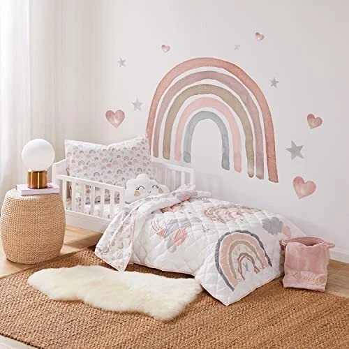 - Rainbow Dreams Toddler Bed Set - Pink, Grey, Taupe, Tan and Coral - Rainbow