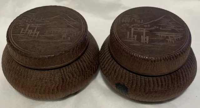 Antique Japanese Boxes Mount Fuji  Treenware Lidded Pair Carved 1 Is Stained