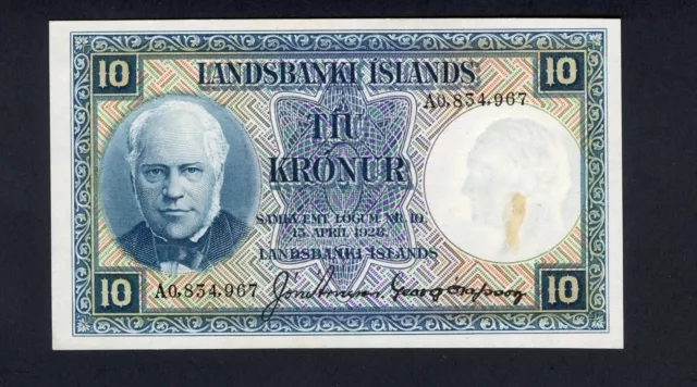 ICELAND 10  KRONUR  L.1928  SING. 3 PICK # 28b AU-UNC.