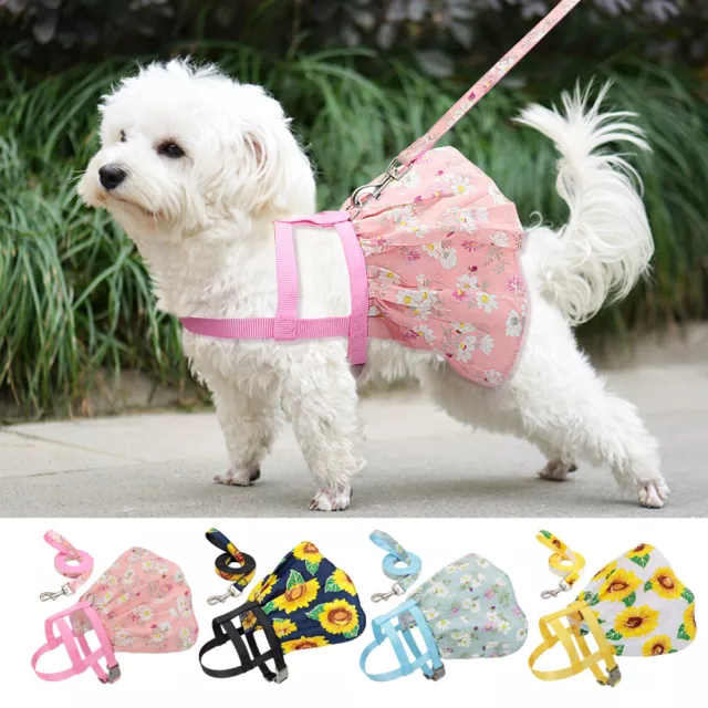 Pink Dog Dress Harness Leash Set Mesh Puppy Vest Skirt with Cute Flower Pattern