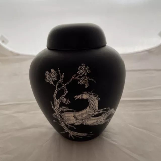 Crown Devon Fieldings Black  & White Horse Ginger Jar / Urn / Vase 5"