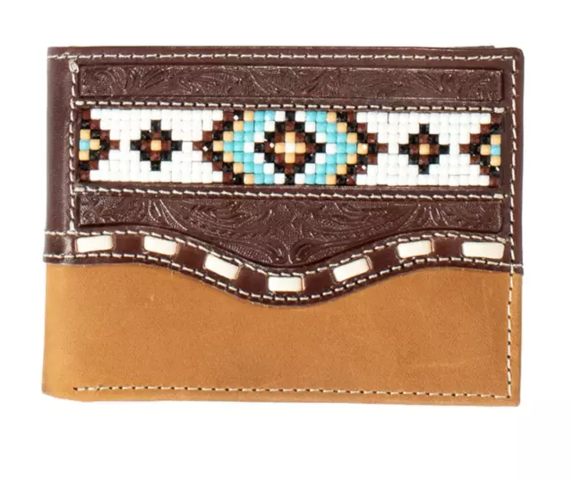 Nocona Mens Western Bifold Wallet Leather Beaded Floral Buck Lace Brown N5416202