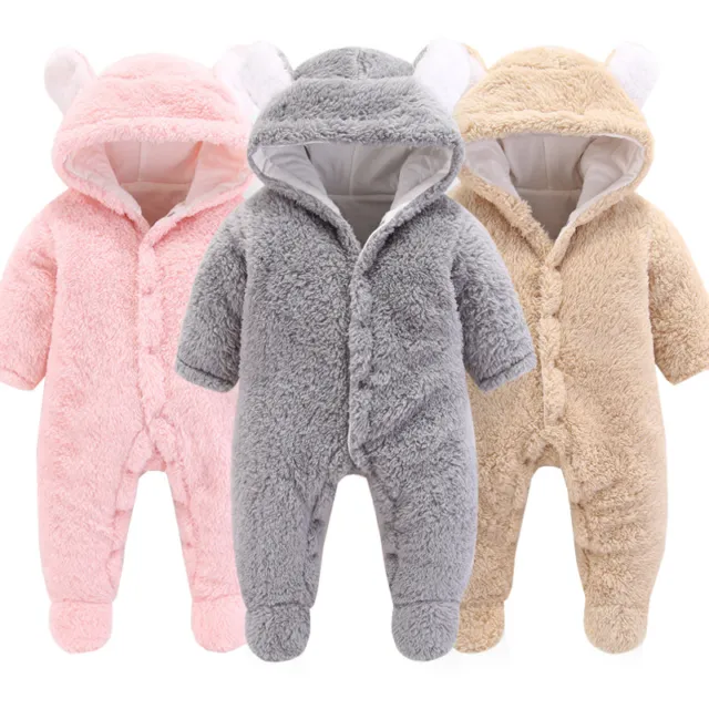 Winter Newborn Baby Boys Girls Fleece Jumpsuit Hooded Romper Warm Coat Outwear a