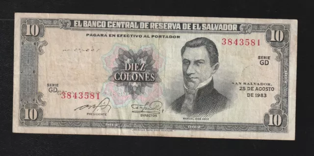 El Salvador, 10 Colones, 1983, P-135, Banknote, Manuel Jose Arce