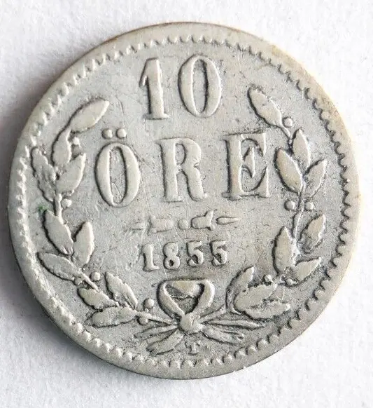 1855 SWEDEN 10 ORE - High Value Silver Coin - RARE DATE - Lot #B28