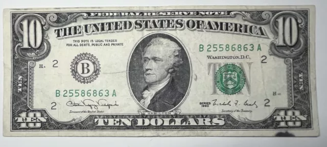1990 $ 10 Ten Dollar Bill Federal Reserve Note  New York Vintage Old Currency
