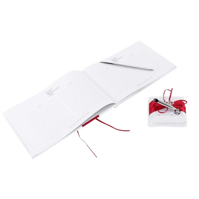 Juegos de libros de invitados de boda con soporte para bolígrafo arcos de satén libro de firma con DiamondS5
