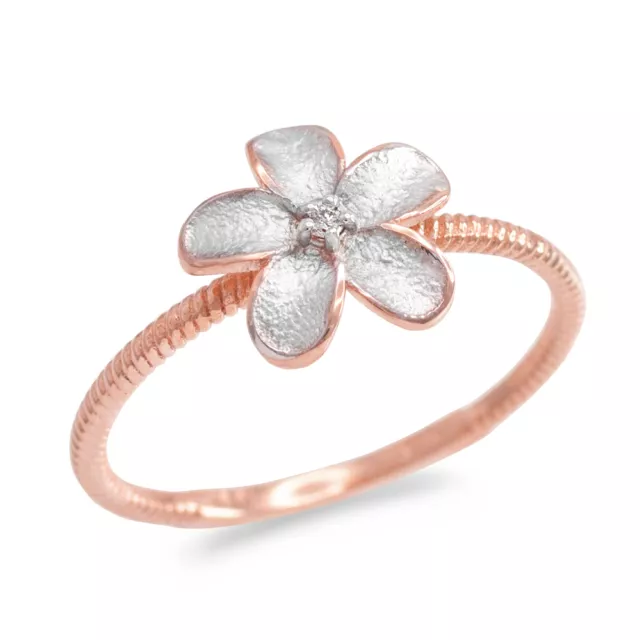 Fine 10k Rose Gold Diamond Frangipani Hawaiian Plumeria Rubra Flower Rose Ring