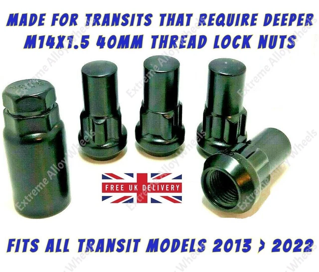 Black Wheel Nuts + Locks For Ford Transit Custom 2013-2022 – 40mm Long M14x1.5 By Bimecc