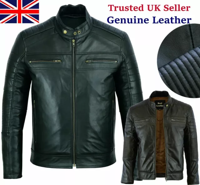Leatherick Mens Real Leather Jacket Biker Black Brown Vintage Retro Cafe Racer