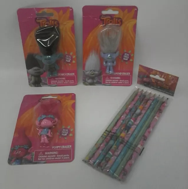 Dreamworks Trolls 4 Piece School Bundle- (3) Erasers, (8) Packed Colored Pencils