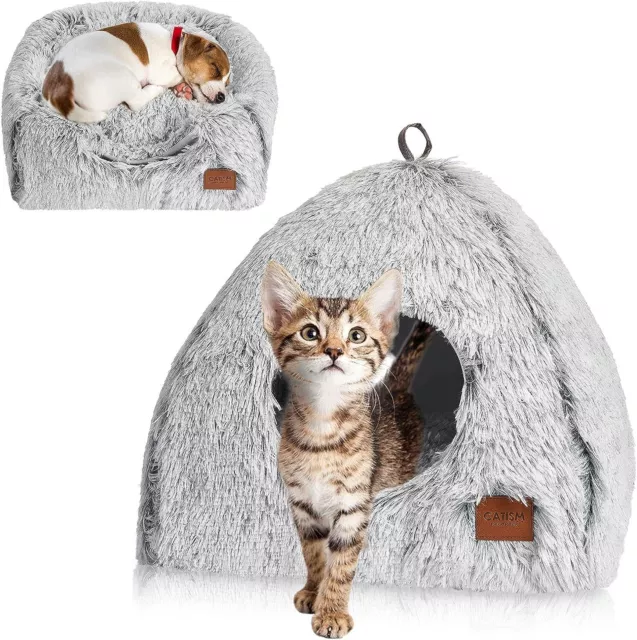 Grey Cat Bed Cave Plush Fluffy Kitten Bed Self Warming Pet Dog Bed Nest Washable