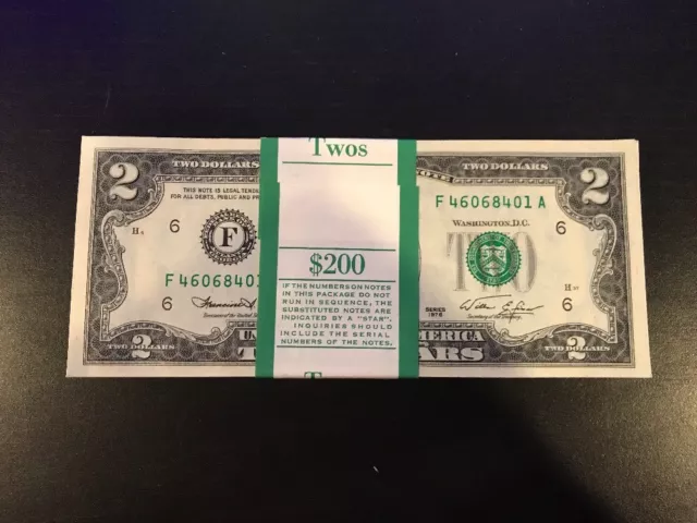 1976 Two Dollar ($2) Bill Uncirculated Consecutive Sequential BEP Wrap - 1 Note