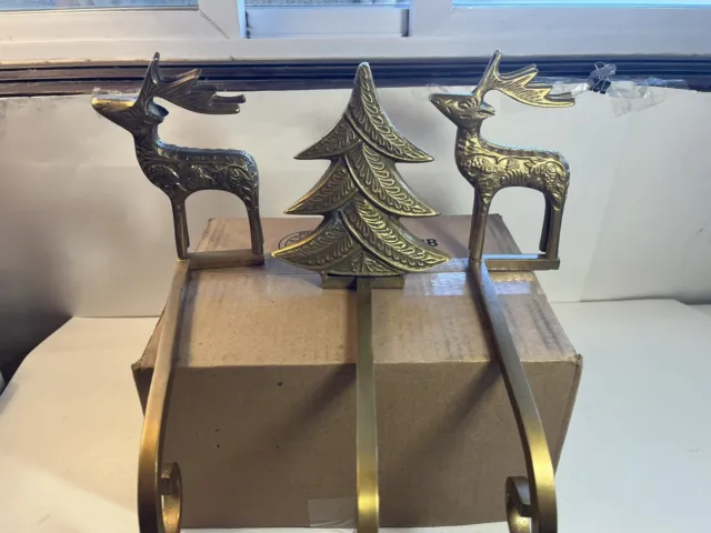3 Vintage Brass Christmas Stocking Hanger Holders 5” Arm Tree And 2 Reindeer