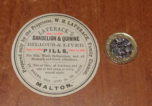 Xxxxx Rare Victorian  Large Round  Laverack`s  Chemist  Malton Pills Label