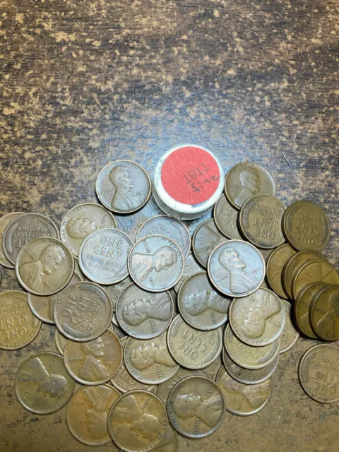 1911-P LINCOLN WHEAT CENT PENNY ROLL, "ALL COINS IN "FINE" CONDITION" 50 coins!