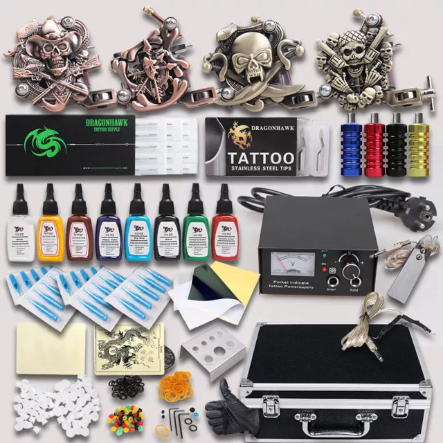 Professional Complete Tattoo Kit 4 Top Machine Gun 8 Ink 50 Needle Power Supply