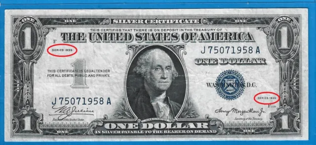 1935 $1 Silver Certificate Rare Double Date Note,Blue Seal,Circ VF,Nice!