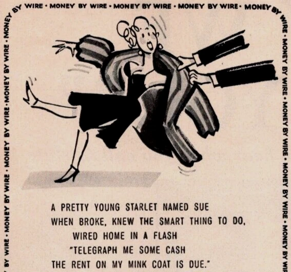1958 Western Union Money Orders Print Ad Starlet Mink Coat Yellow