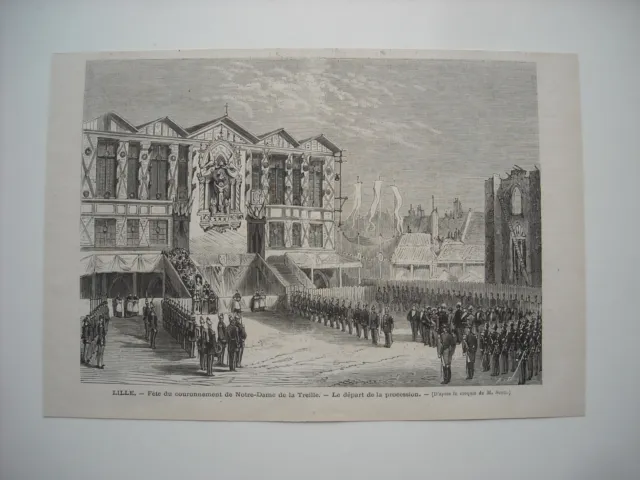 Gravure 1874. Lille. Fete Du Couronnement De Notre-Dame De La Treille. Le Depart