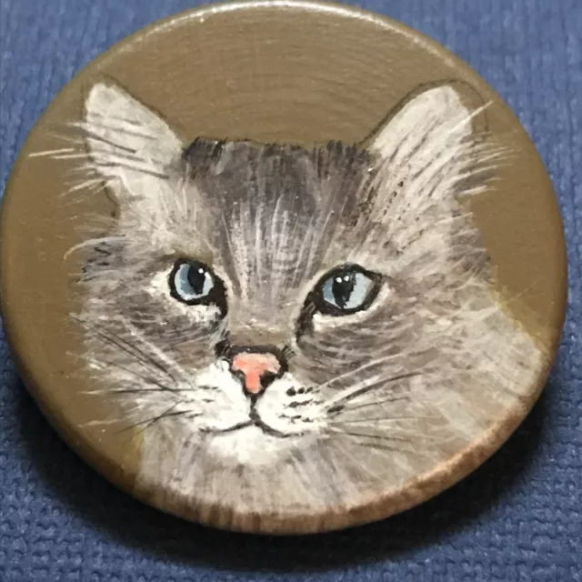 Round Hand Painted Wood Cat Pin 1.5”