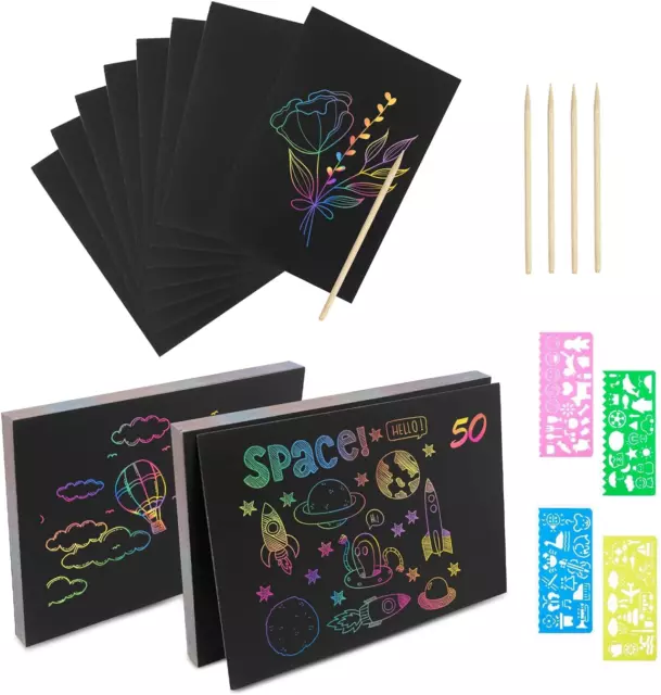 50 Stück Kratzbilder für Kinder, Blätter Regenbogen Kratzpapier mit 5 Holzstifte