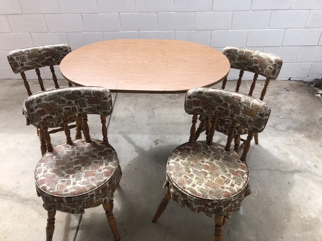 70s dinette set Formica And Wood Table With Leaf, 4 Vinyl Chairs Vintage